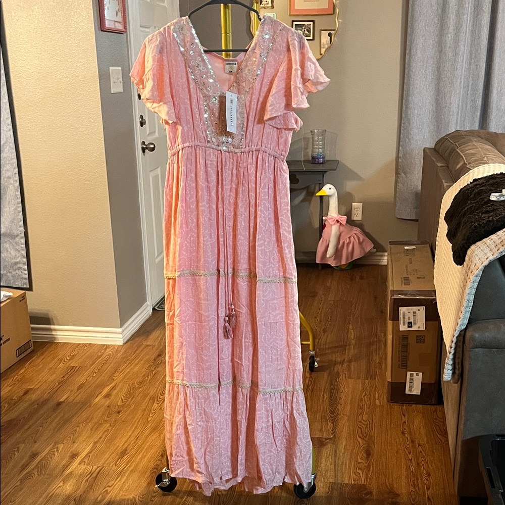 Pink Embellished V-Neck Maxi Dress